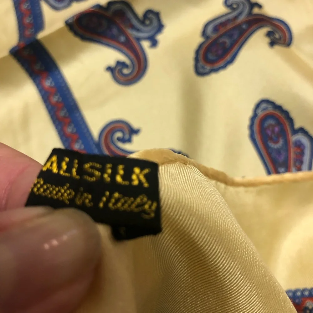 Vintage Silk Paisley Scarf - Yellow Gold Blue Red - Made in Italy - 31”